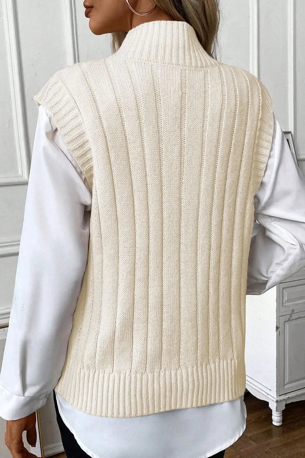 Oatmeal Cable Knit High Neck Sweater Vest - Love Salve